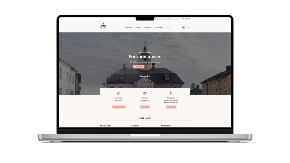 Porvoon museon etusivu läppärissä valkoisella taustalla
